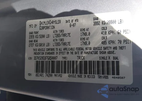 2007 Dodge Ram 2500 Slt/Trx4 Off Road/Sport/Power Wagon из США, поврежденный, VIN 3D7KS28D87G850007